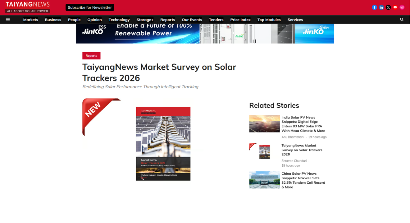 Sunchaser Structures Featured in TaiyangNews Solar Tracker Market Survey 2026