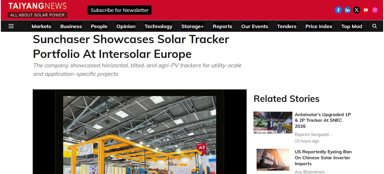 The company showcased Horizontal, Tilted, and Agri-PV Trackers for utility-scale and application-specific projects at Intersolar 2026 Europe