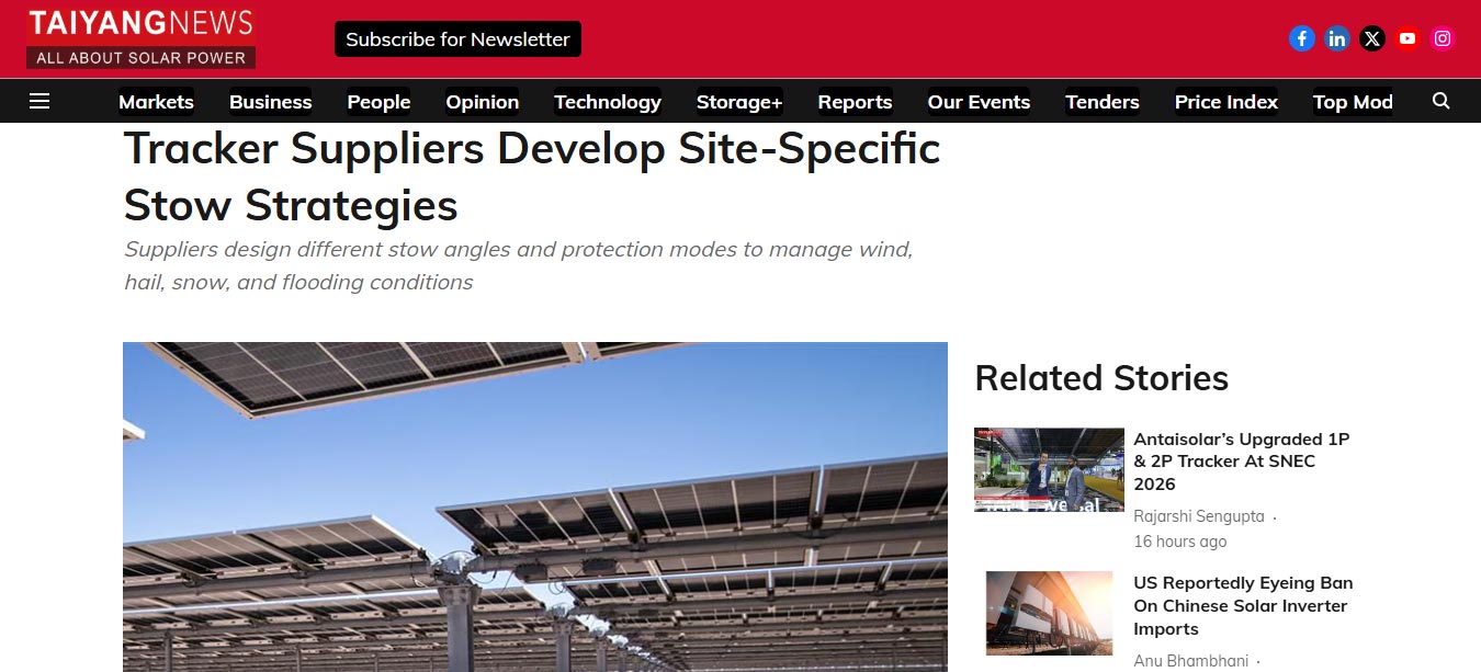 Tracker Suppliers Develop Site-Specific Stow Strategies