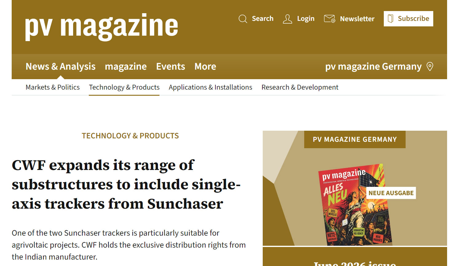 Sunchaser Single-Axis Trackers Expand in Germany Through CWF Partnership
